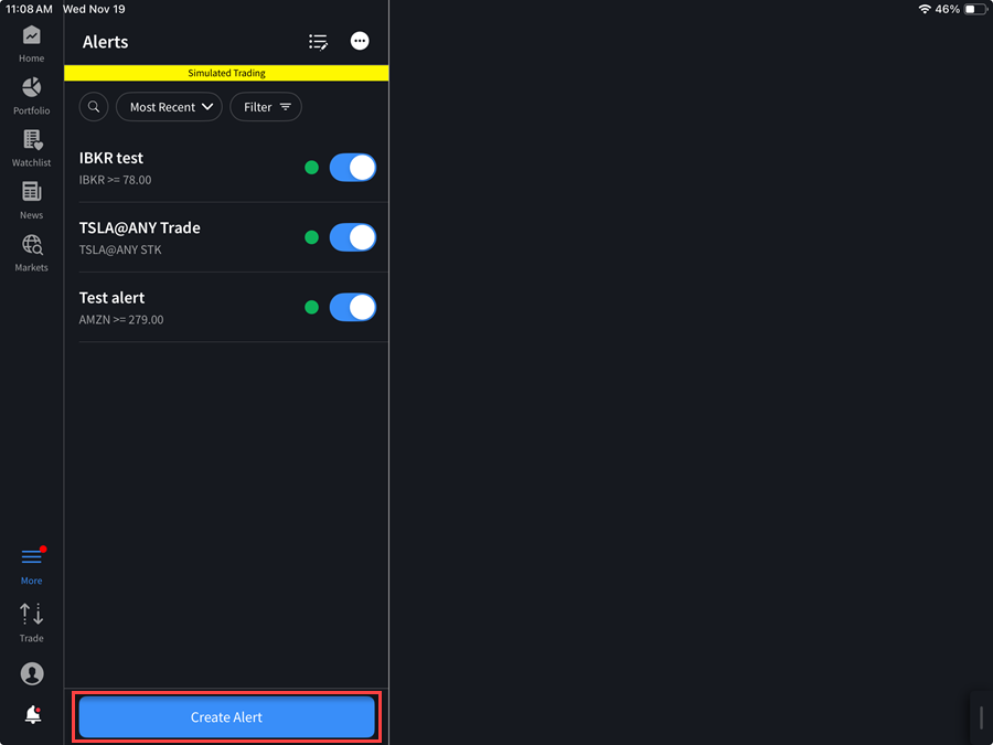 The create alert page on the ipad
